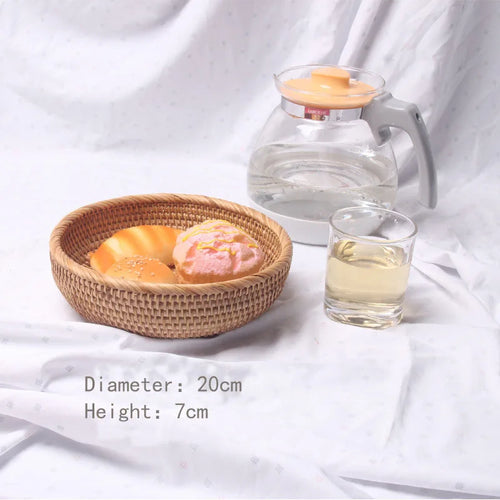 HEMU-Round Rattan Woven Basket, Wicker Fruit Basket, Bread Food, Kitchen Home Decor Organizer - vue 12 sur 12