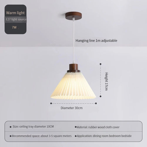 Modern pleated fabric pendant light with wooden base - vue 8 sur 14