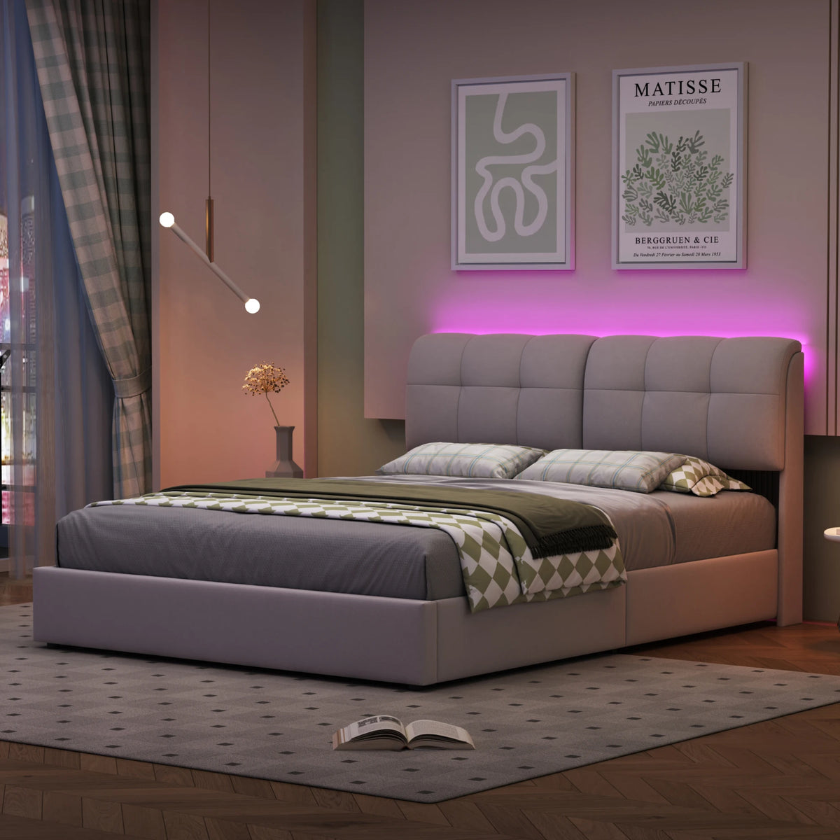 Double Bed with Storage Space,Upholstered Bed 140/160 x 200cm,Headboard with LED Lighting and USB Port,No Mattress,Velvet Beige