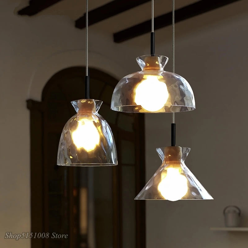 Japanese style LED pendant lamp in wood and glass, decorative lighting