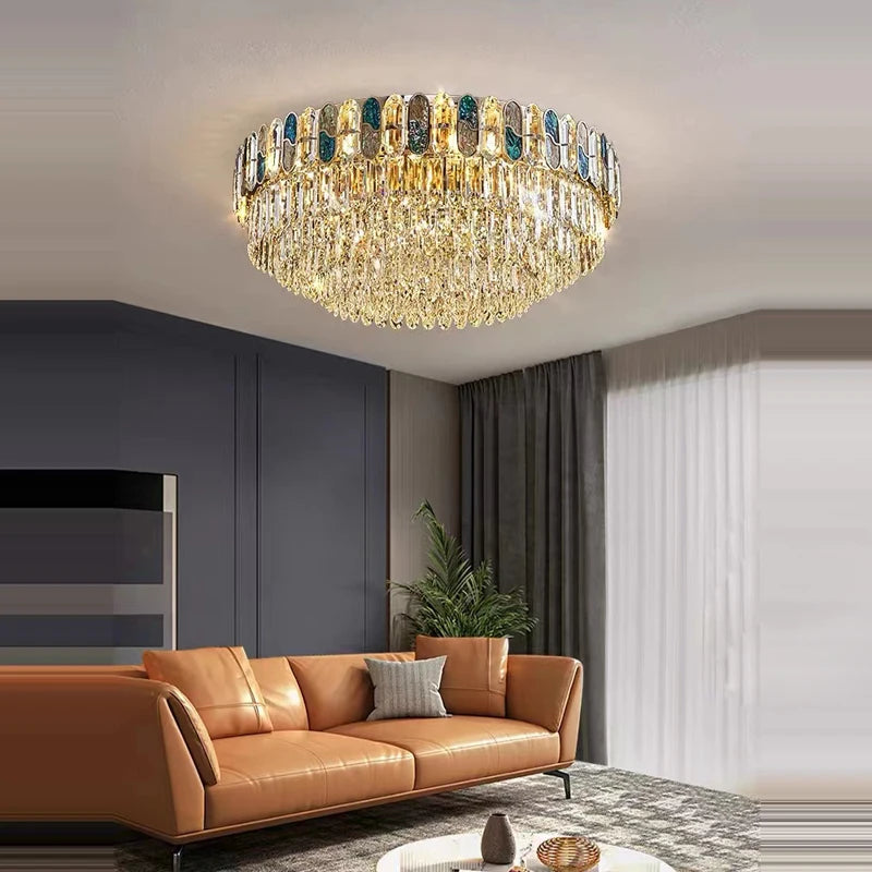 Art Deco crystal gold and stainless steel LED ceiling light - vue 3 sur 18