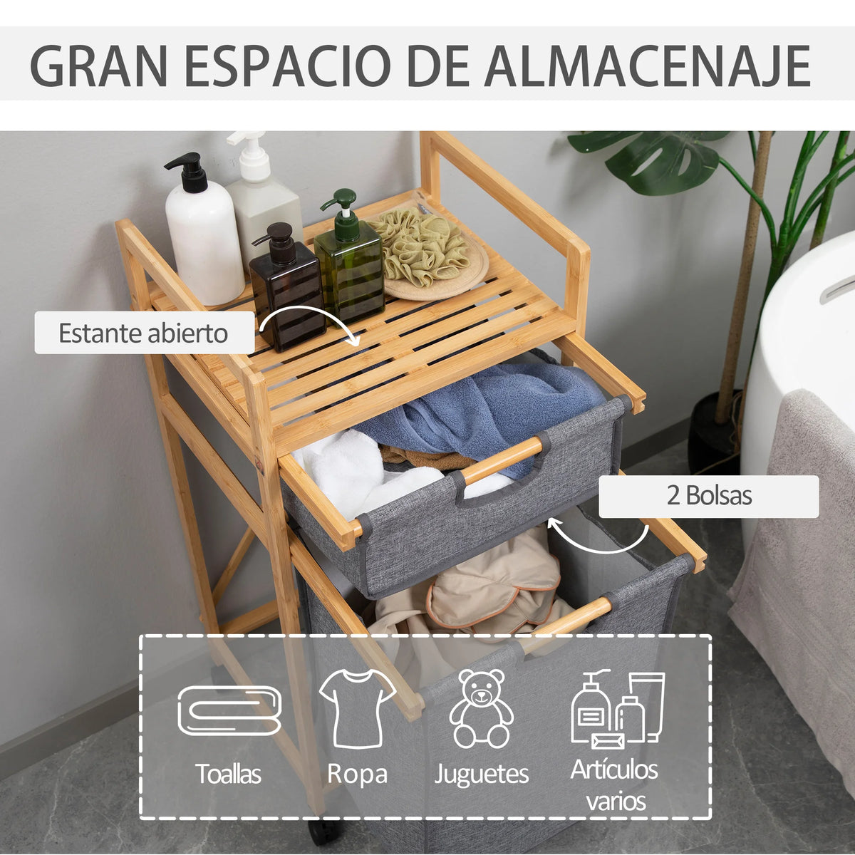 HOMCOM bamboo laundry hamper 2 removable cloth bags 42x35x84.5 cm - vue 4 sur 7