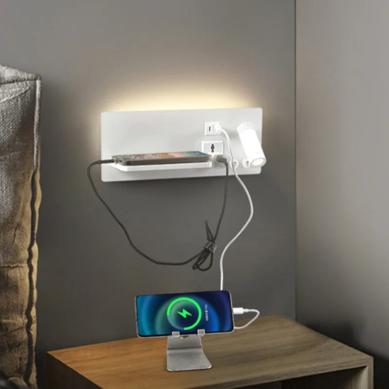 Bedside wall lamp with wireless USB type-c charging and rotating spotlight