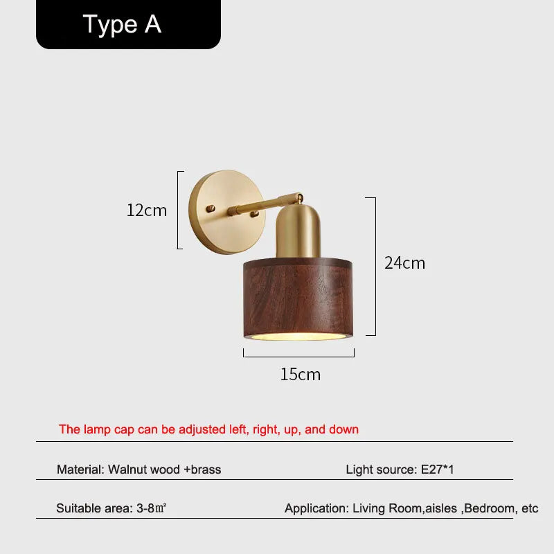 Simple and modern bedside wall lamp in copper and walnut wood nordic style