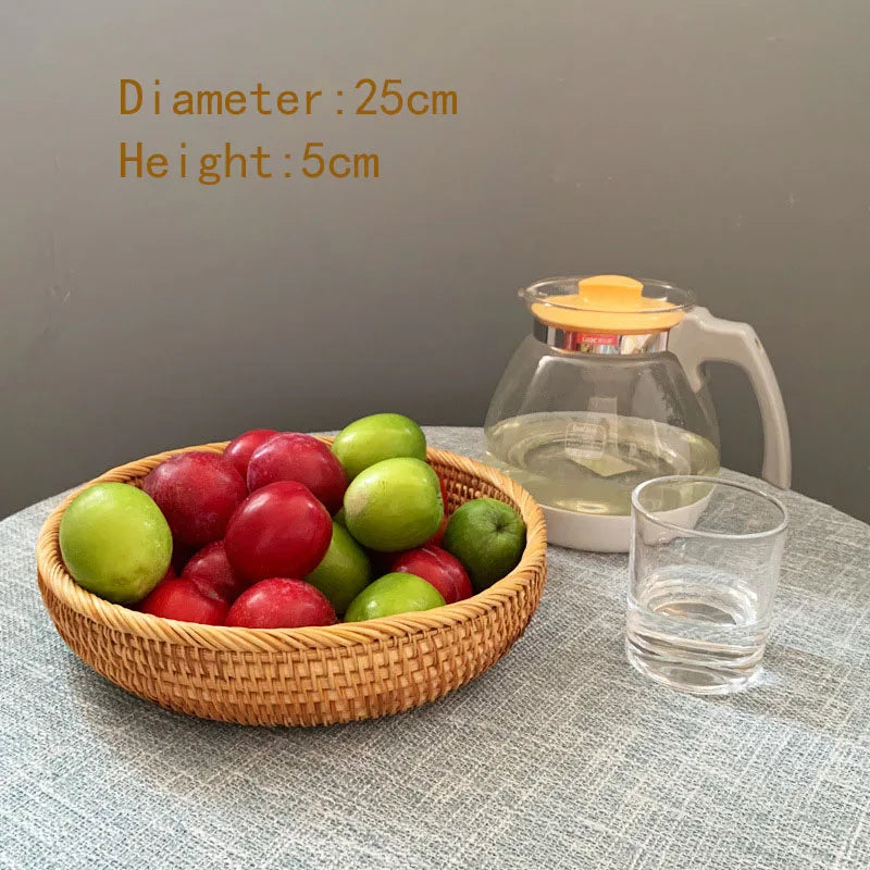 HEMU-Round Rattan Woven Basket, Wicker Fruit Basket, Bread Food, Kitchen Home Decor Organizer - vue 6 sur 12