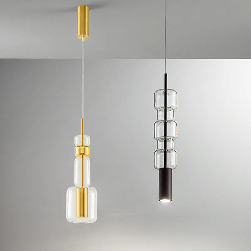Modern glass pendant light with gold and black metal