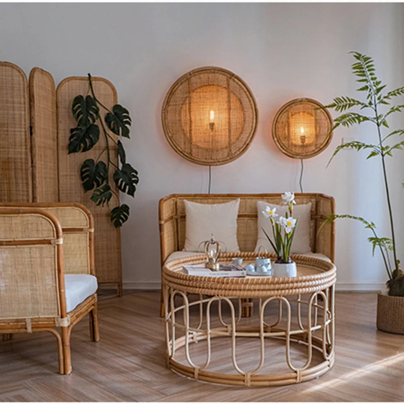 Rattan and Japanese bamboo wood wall lamp