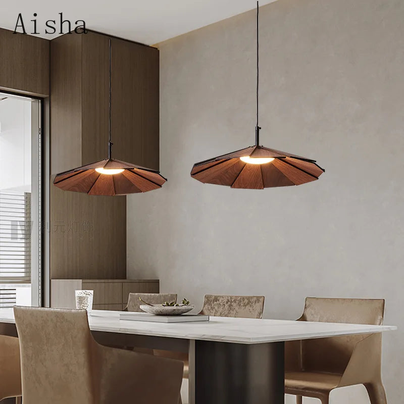 Handmade Japanese wabi-sabi walnut pendant light for interior decor