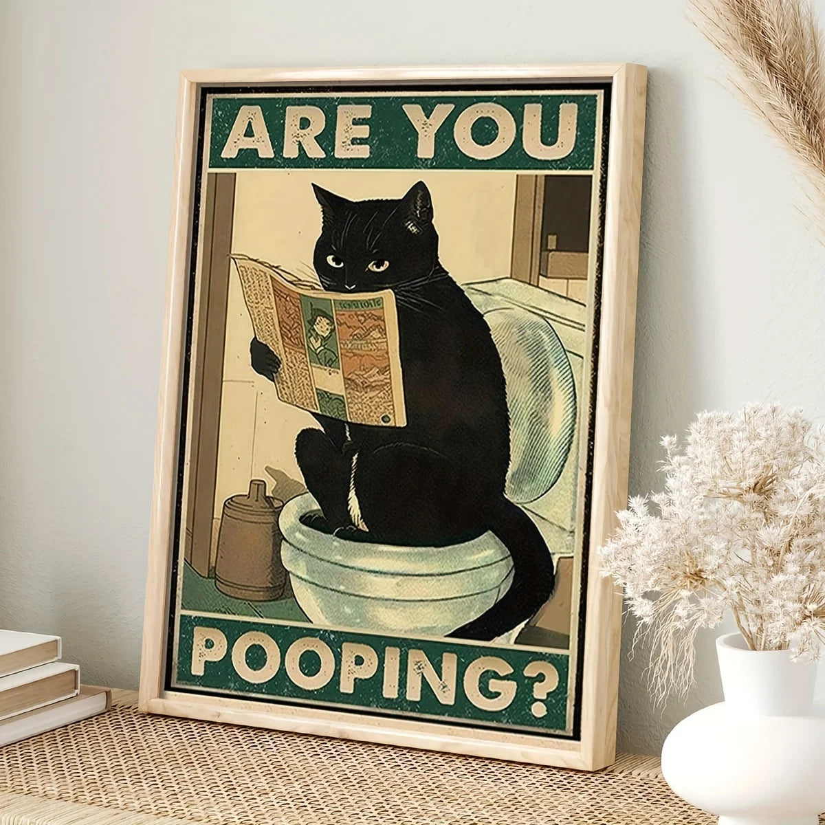 humorous quote black cat reading newspaper in the toilet funny decor