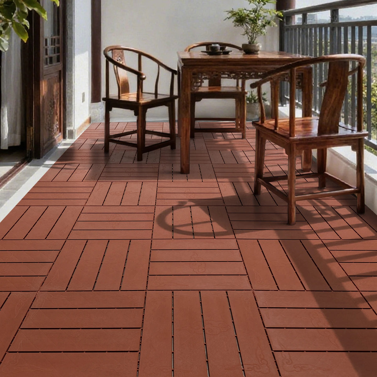 Anti-slip composite wood interlocking decking tiles, set of 11