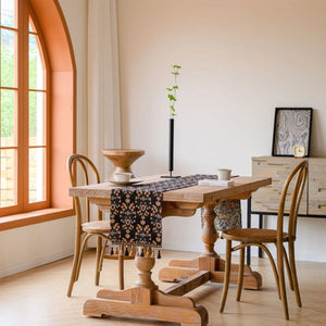 Country-style jacquard table runner with animal motifs and tassels