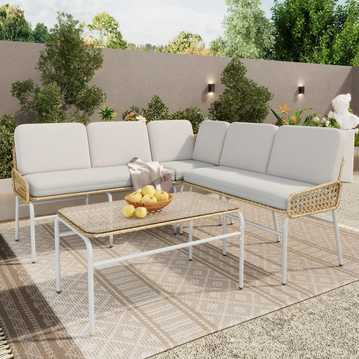 Poly rattan set, garden set, lounge sofa for 4-5 people, corner sofa, tempered glass, table &amp; pads, apricot Gray, natural