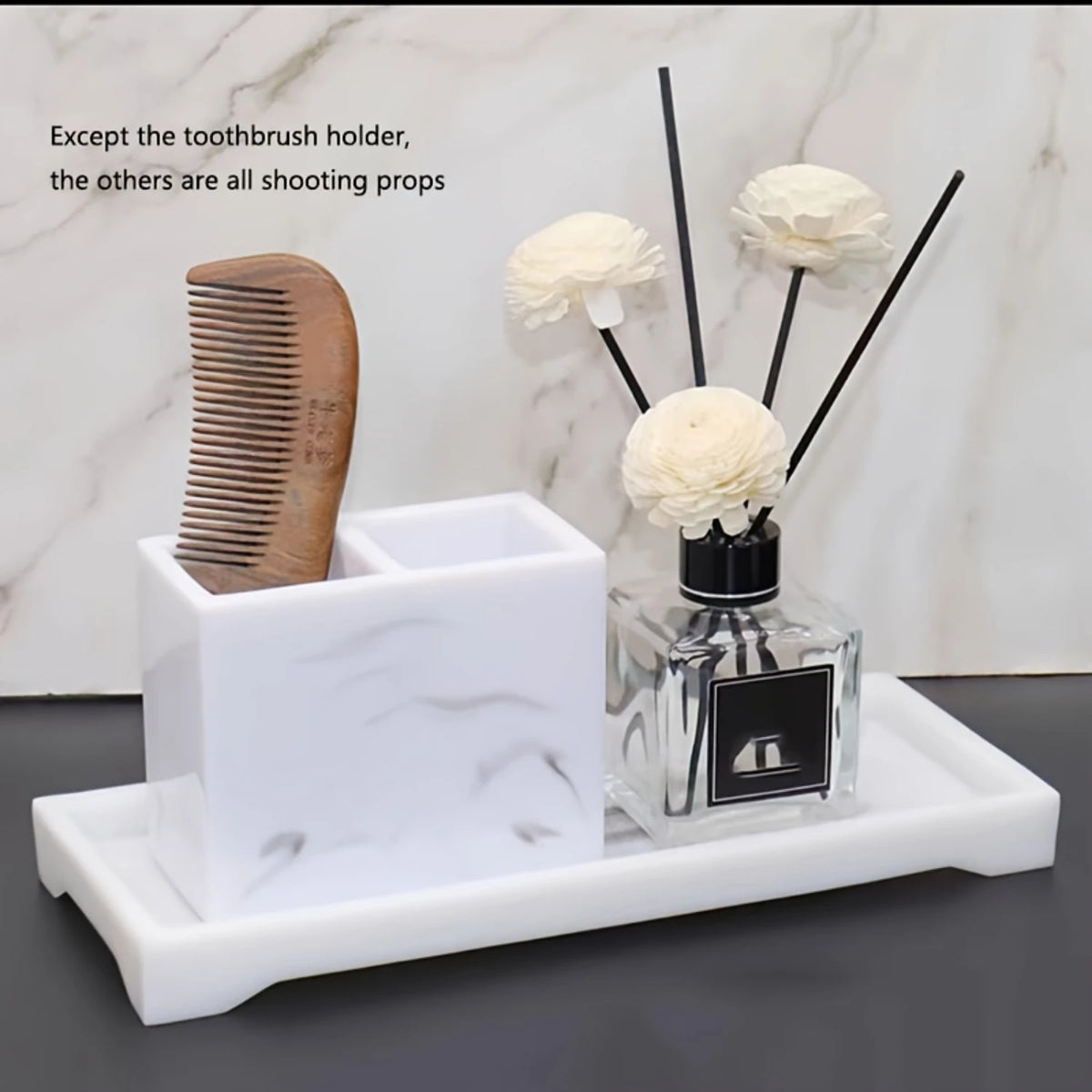 1pc Marble Effect Resin Toothbrush Holder, Luxury Nordic Style Toothbrush Stand, Multi-Compartment Bathroom Organizer, Elegant - vue 4 sur 9