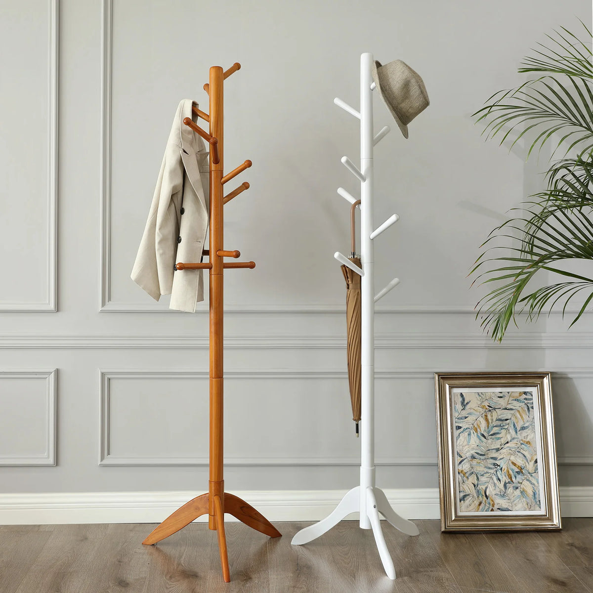 VASAGLE Standing Coat Rack, Solid Wood Coat Rack, Tree-Shaped Coat Rack with 8 Hooks, 3 Height Options, for Clothes, Hats, Bags - vue 1 sur 7