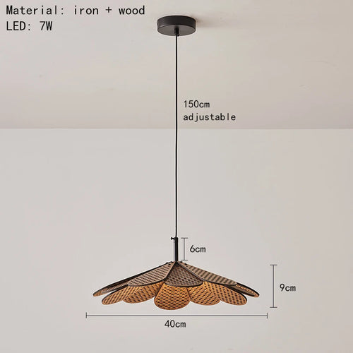 Korean wood petal-shaped pendant light with adjustable cord