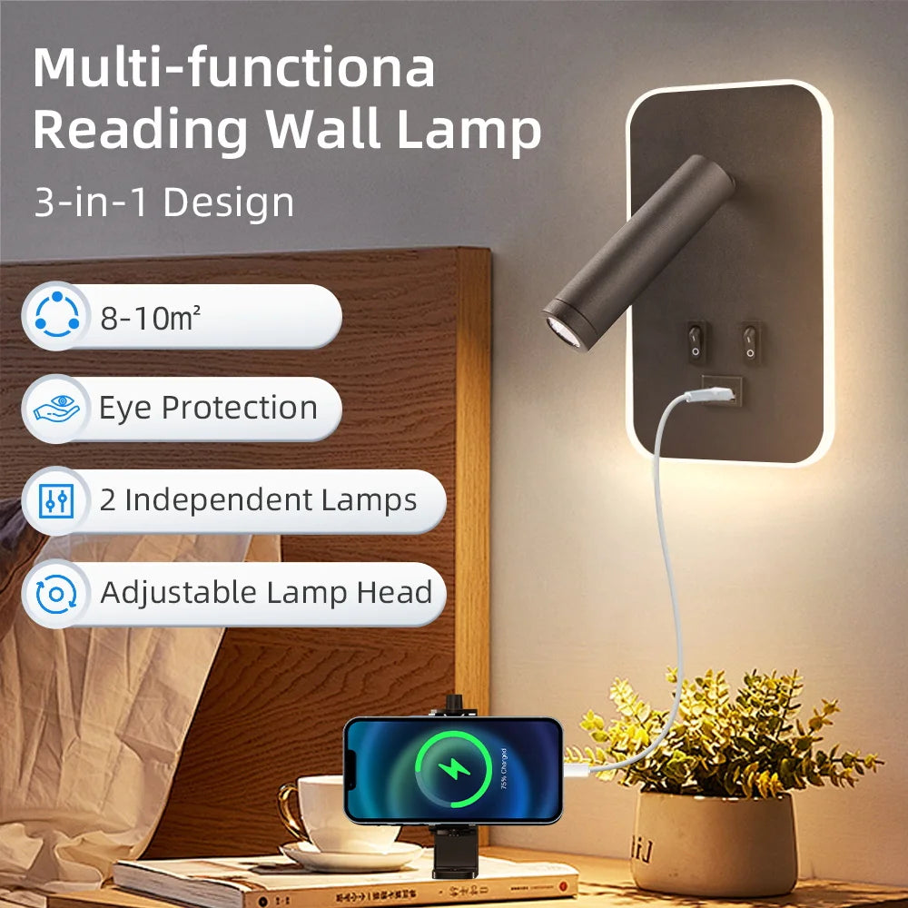wall light with switch and rotating USB port