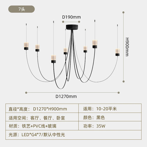 Minimalist designer chandelier with LED lighting and crystal glass shade - vue 8 sur 7