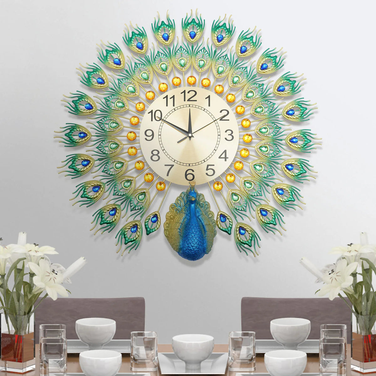 silent metal wall clock peacock pattern decorative interior