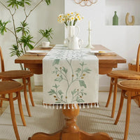 Embroidered cotton linen floral table runner with tassels