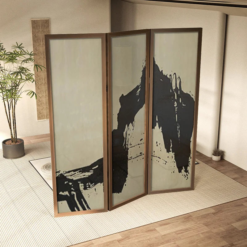 Chinese abstract landscape decorative solid wood folding screen