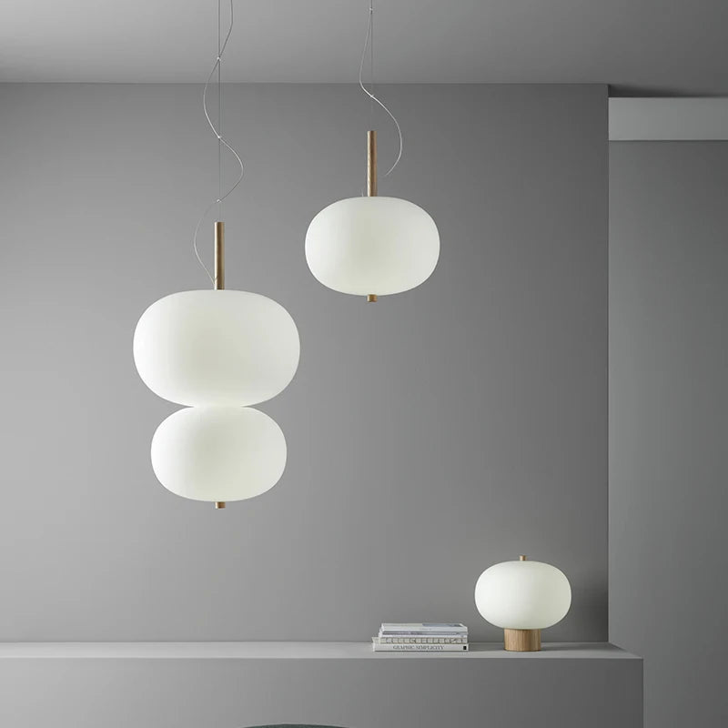 Kobuc nordic design pendant light with large round glass shade, creative wood chandelier for living room, dining room, and bedside