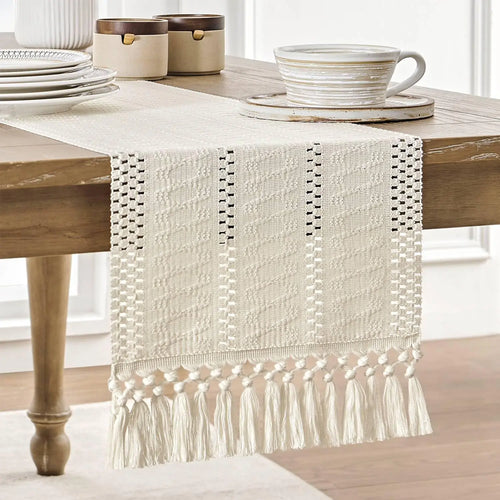 Chemin de table macramé ivoire bohème tissé salon - vue 4 sur 7