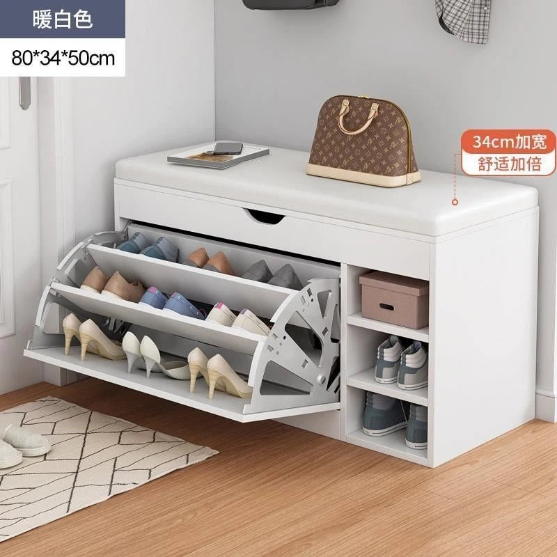 Home Shoe Cabinet with Bench, Anti-Dust Shoe Storage Bench, Multi-Layer Wooden Organizer with Cushion and Stable Structure - vue 9 sur 13