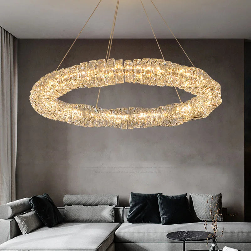 Gold dimmable crystal LED ring chandelier for modern living room, dining room, bedroom