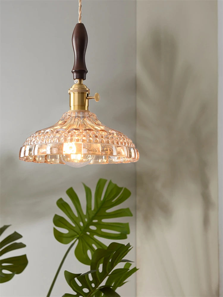 Modern brass pendant light with rustic walnut glass shade