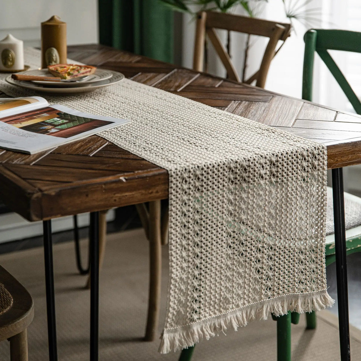 Beige boho table runner with geometric pattern and tassels