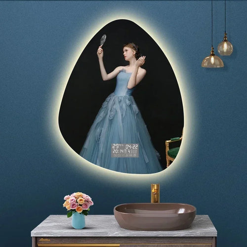 irregular vertical mirror with led light and bluetooth speaker - vue 6 sur 15