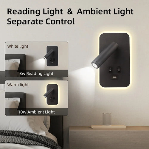 wall light with switch and rotating USB port - vue 5 sur 6