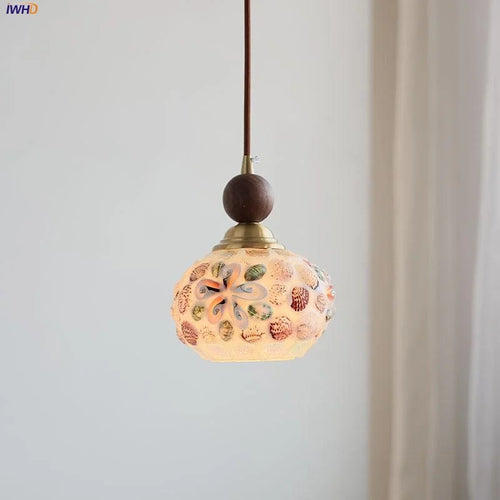 modern adjustable colored glass pendant light with wooden wire - vue 2 sur 25