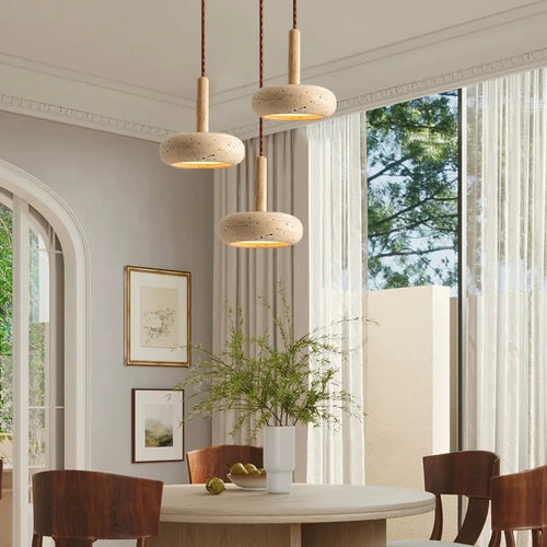 Modern LED stone and wood pendant light Japanese bedside - vue 4 sur 7
