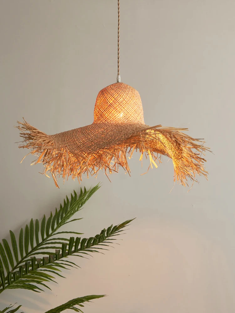 Vintage Japanese handmade woven straw hat pendant light - vue 2 sur 6