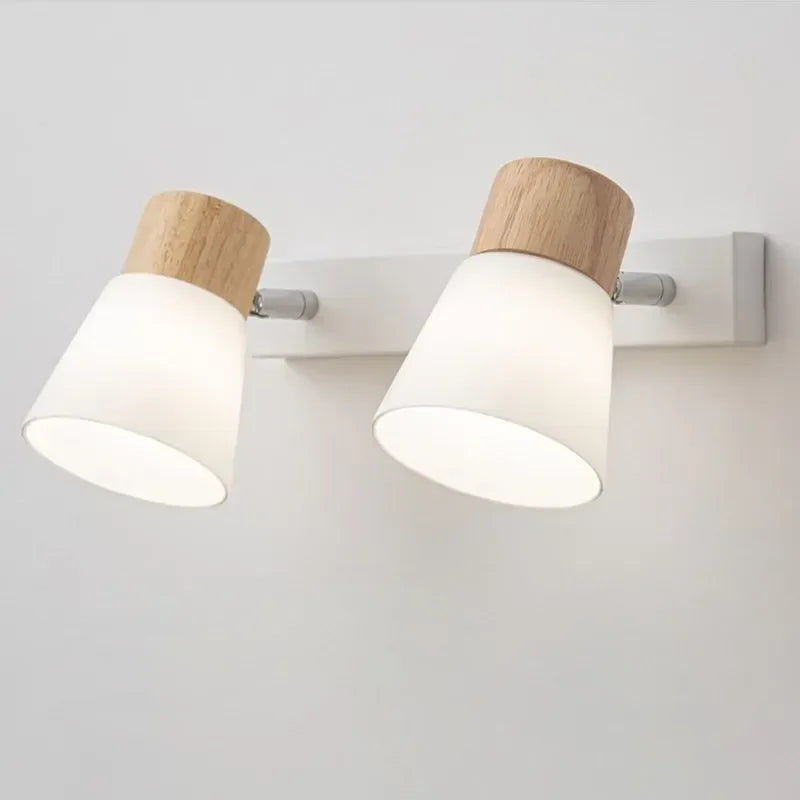 Nordic wooden LED double head glass wall light for bedroom, living room and dining room