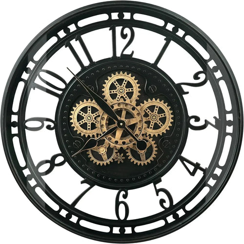 industrial metal wall clock with decorative moving gears - vue 11 sur 14