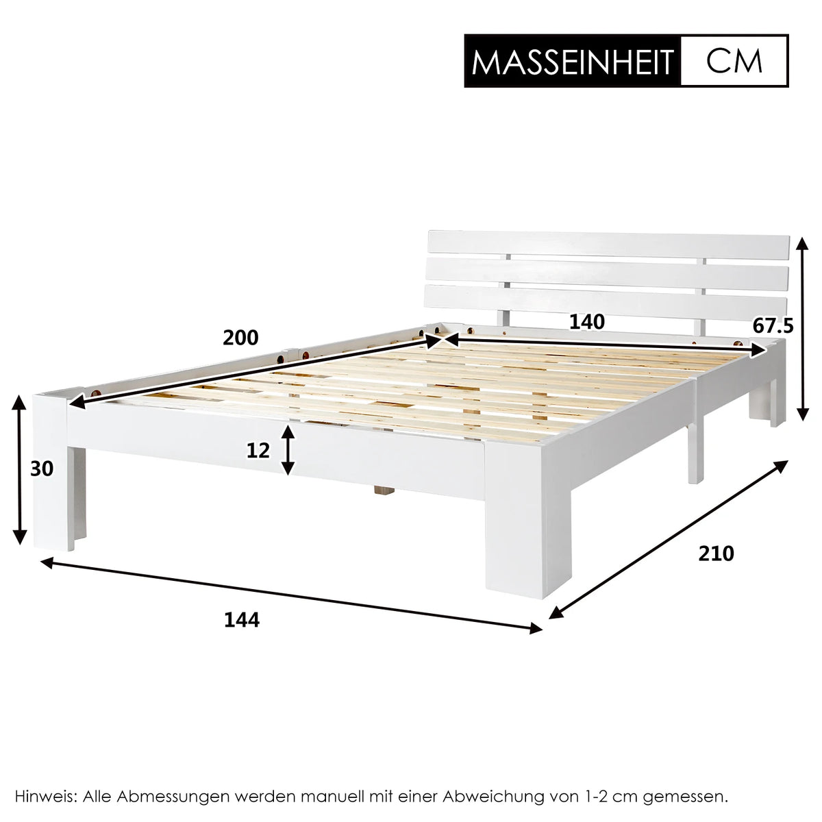 EU STOCK Wooden bed Double bed, headboard, slatted grid -200 x 140cm solid wood FSC Solid wood double bed - vue 7 sur 8