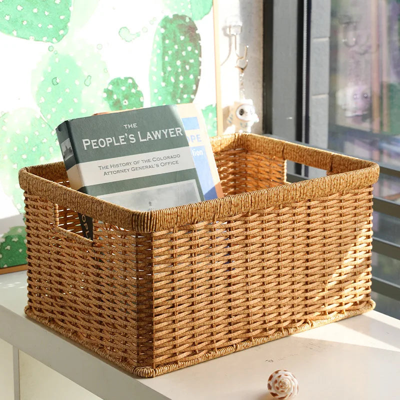 Strong Rectangle Woven Storage Basket with Handles, Waterproof Plastic Baskets for Home Toy Storage, Nest - vue 5 sur 15