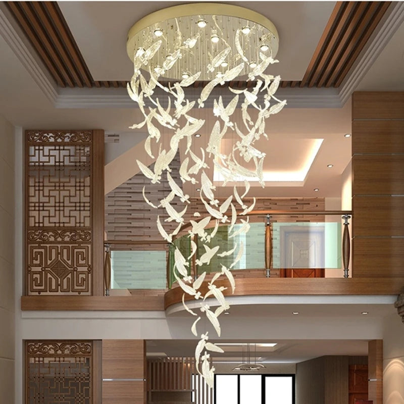 Modern stainless steel LED crystal feather chandelier