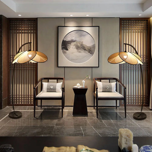 Retro rattan floor lamp with Chinese design for indoor decor - vue 3 sur 9
