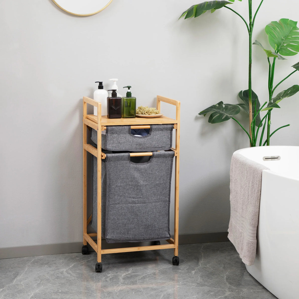HOMCOM bamboo laundry hamper 2 removable cloth bags 42x35x84.5 cm - vue 2 sur 7