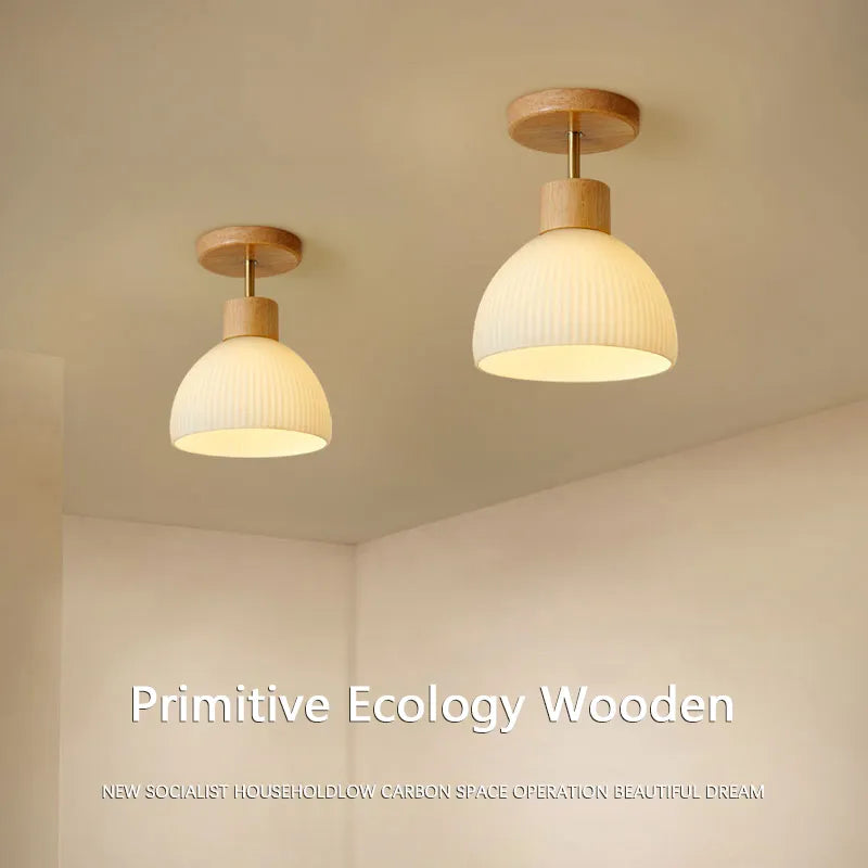 Wood and glass LED ceiling light for corridor, cloakroom, and balcony