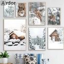 Winter forest wall art with fox, owl and deer