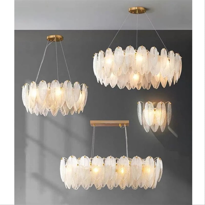 Modern glass chandelier with feathers and LED light