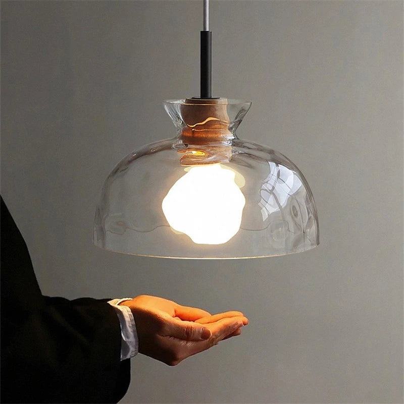 Retro nordic water grain glass and wood LED pendant light - vue 5 sur 11