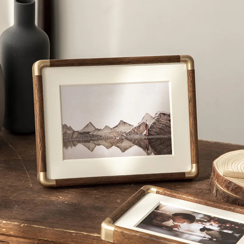Wooden photo frame with copper corners for elegant decor
