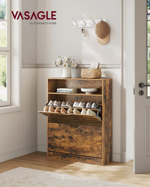VASAGLE Shoe Cabinet 2 Flip Doors, 3 Tier Shoe Rack, with 1 Open Compartment, Adjustable and Removable Divider, for 11-16 Pairs - vue 2 sur 8