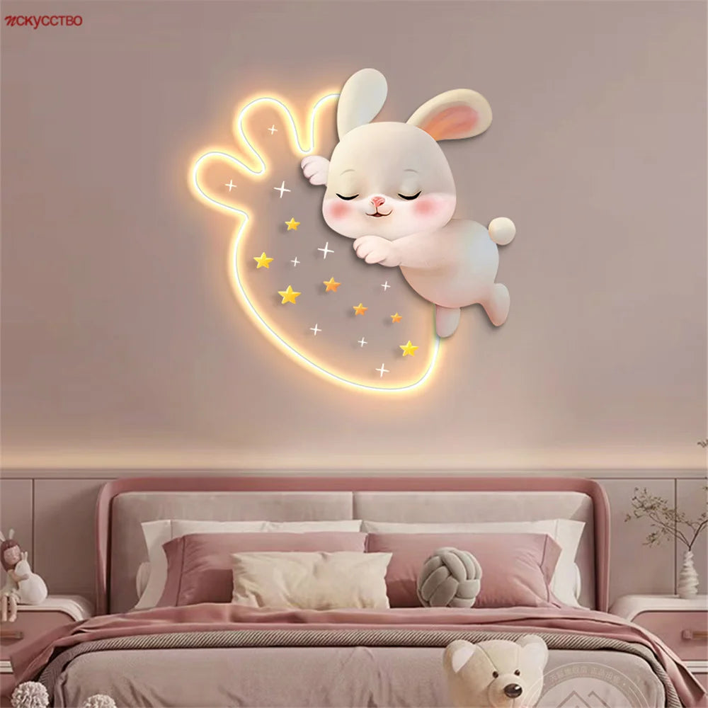 Cartoon strawberry rabbit decorative LED wall lamp for girls' bedroom