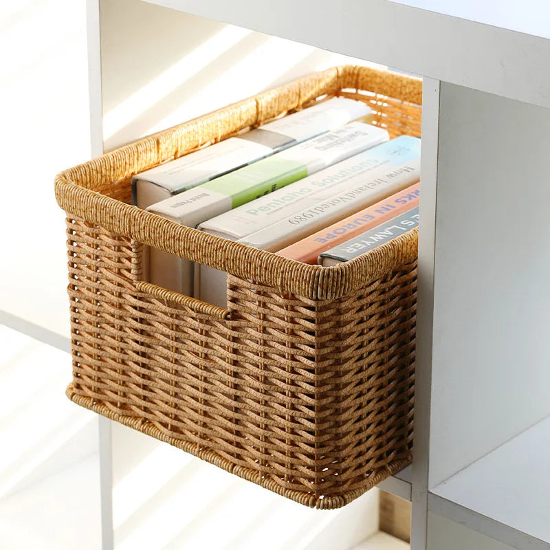 Strong Rectangle Woven Storage Basket with Handles, Waterproof Plastic Baskets for Home Toy Storage, Nest - vue 4 sur 15